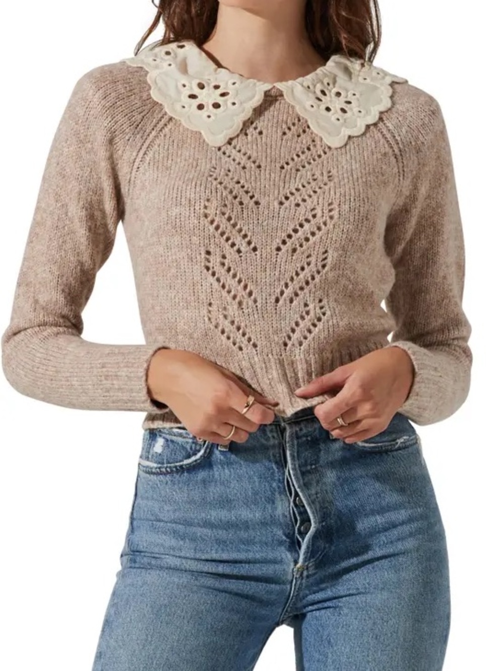 Astr Scalloped Wool Blend Lace-Collar Sweater